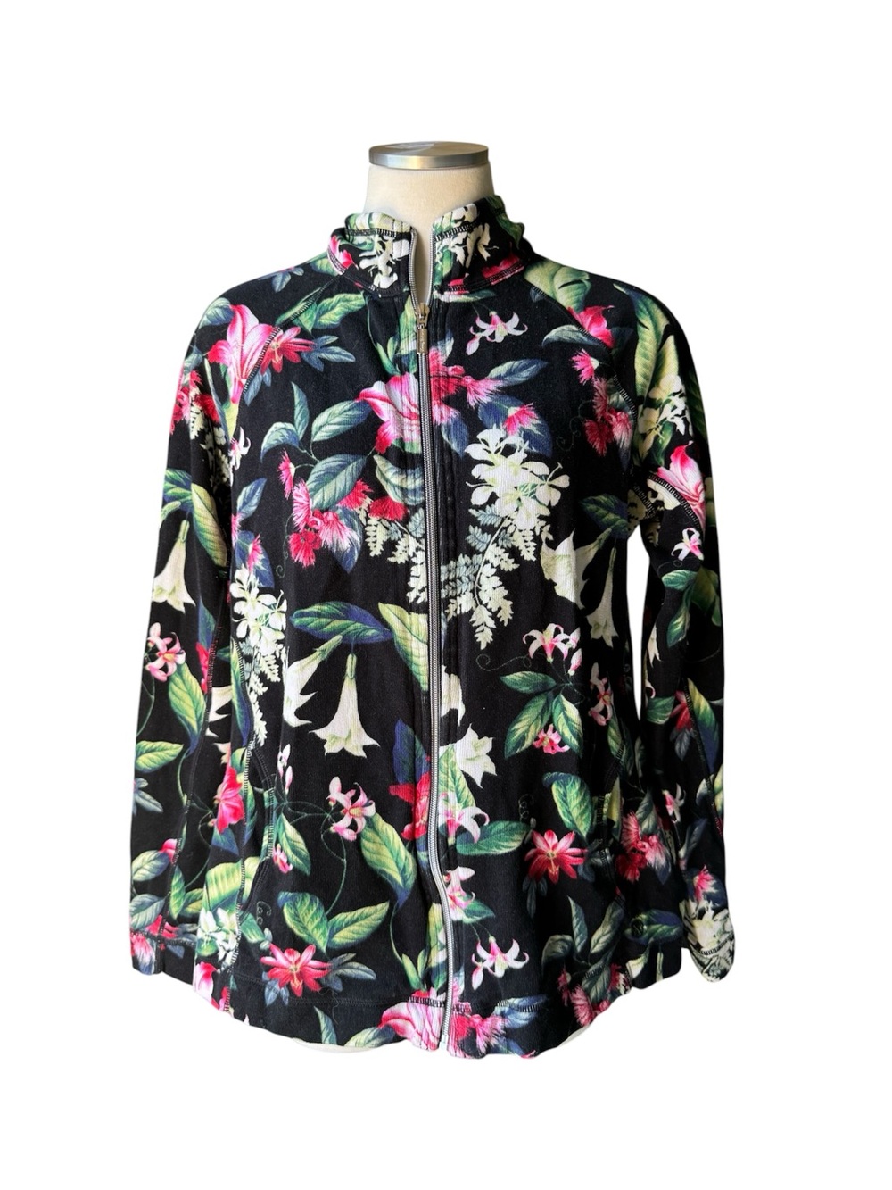 Tommy Bahama Black Floral Zip-Front Jacket with Pink & Green Blooms